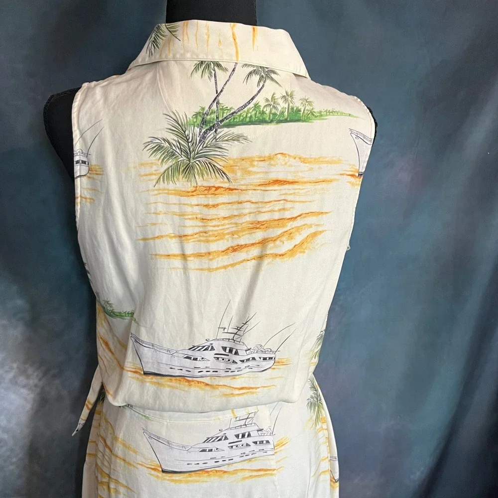 Bahama‎ Cruise Vintage 100% Silk Tropical Yacht Print 2 Piece Set Size Large/12